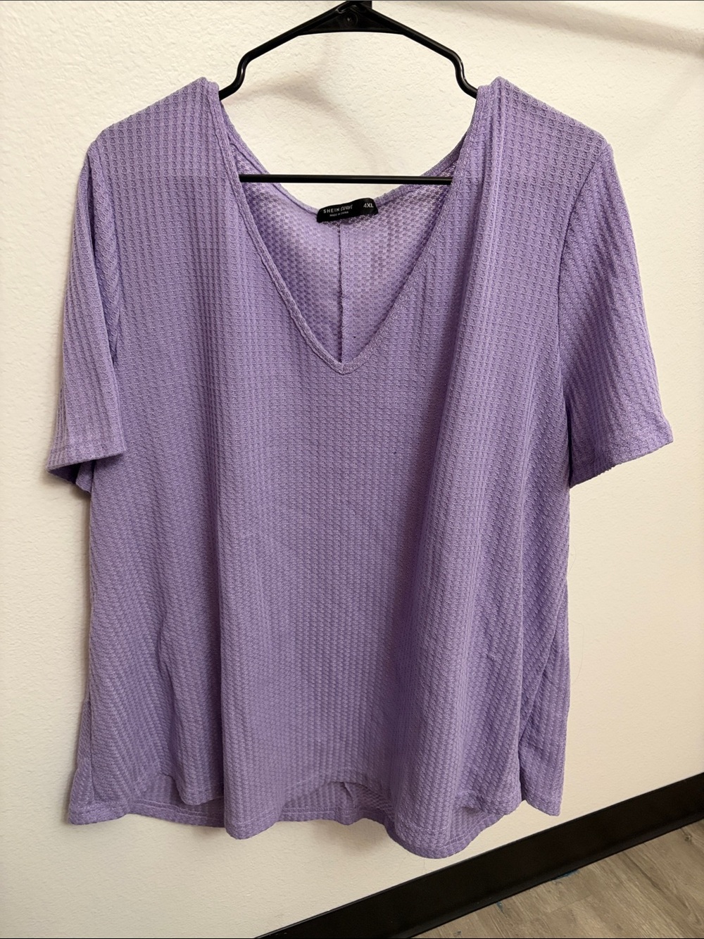 SHEIN Lavender V-Neck Short Sleeve Waffle Top